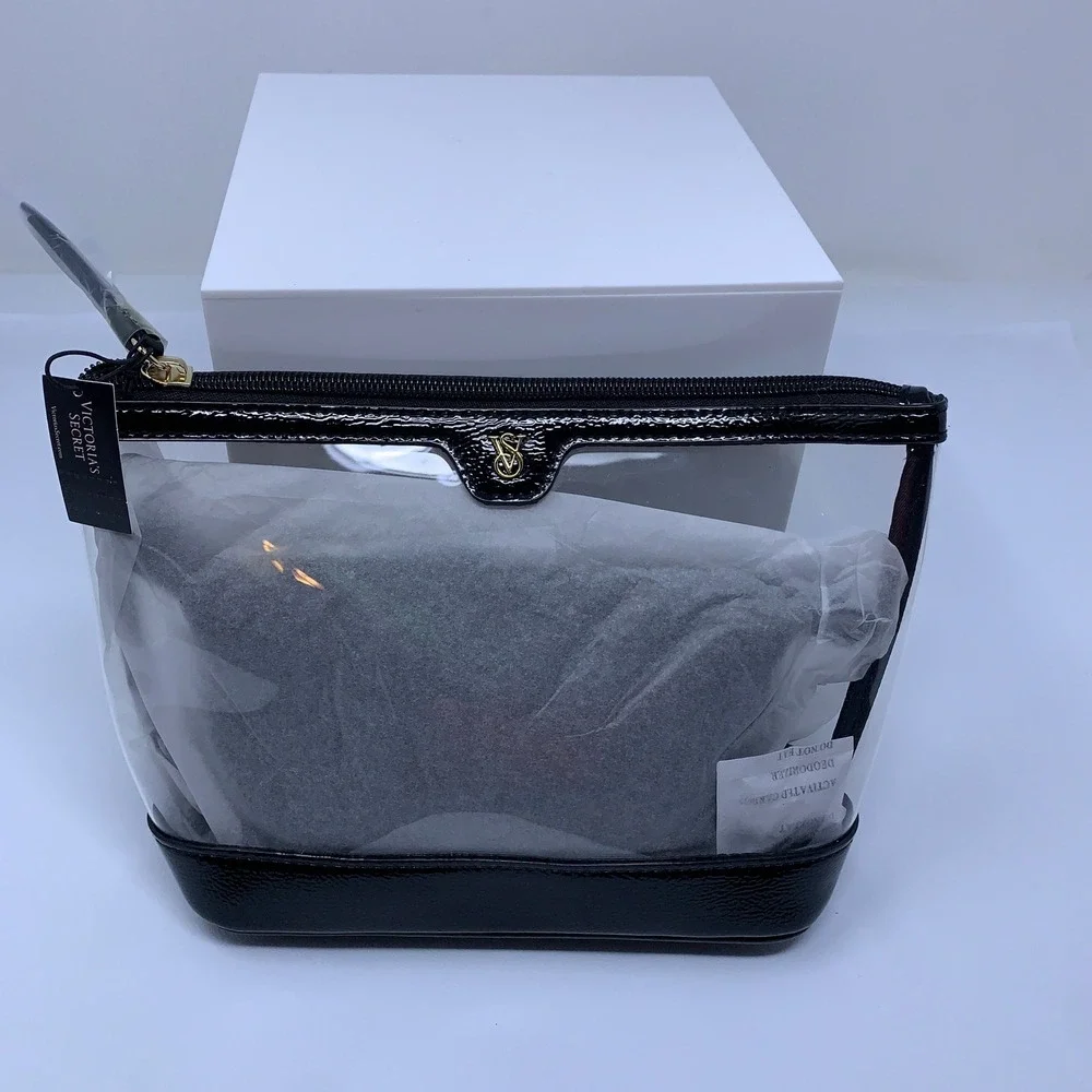 Victoria's Secret Women OS Black Clear Patent Trim Logo Cosmetic Makeup Bag NWT